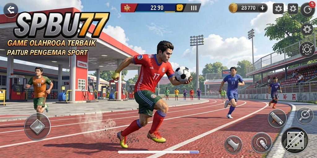 Tampilan gameplay seru dalam SPBU77 yang menggambarkan aksi olahraga.